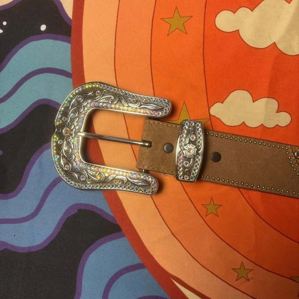 Tony Lama Leather Western Rhinestone Studded Belt 38 Oversized Buckle Cowboy